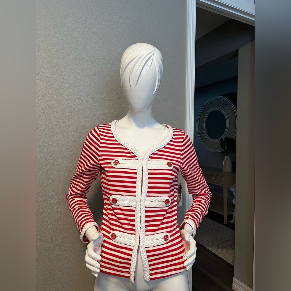 NWT  Katherine New York Red & White Striped Nautical Theme Knit Jacket size S
